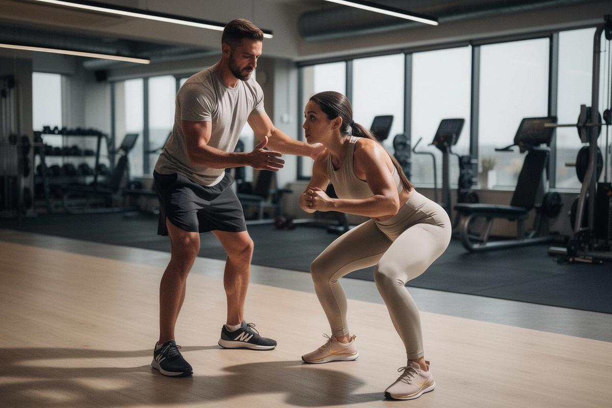 Trainer conducting a fitness assessment during a movement check